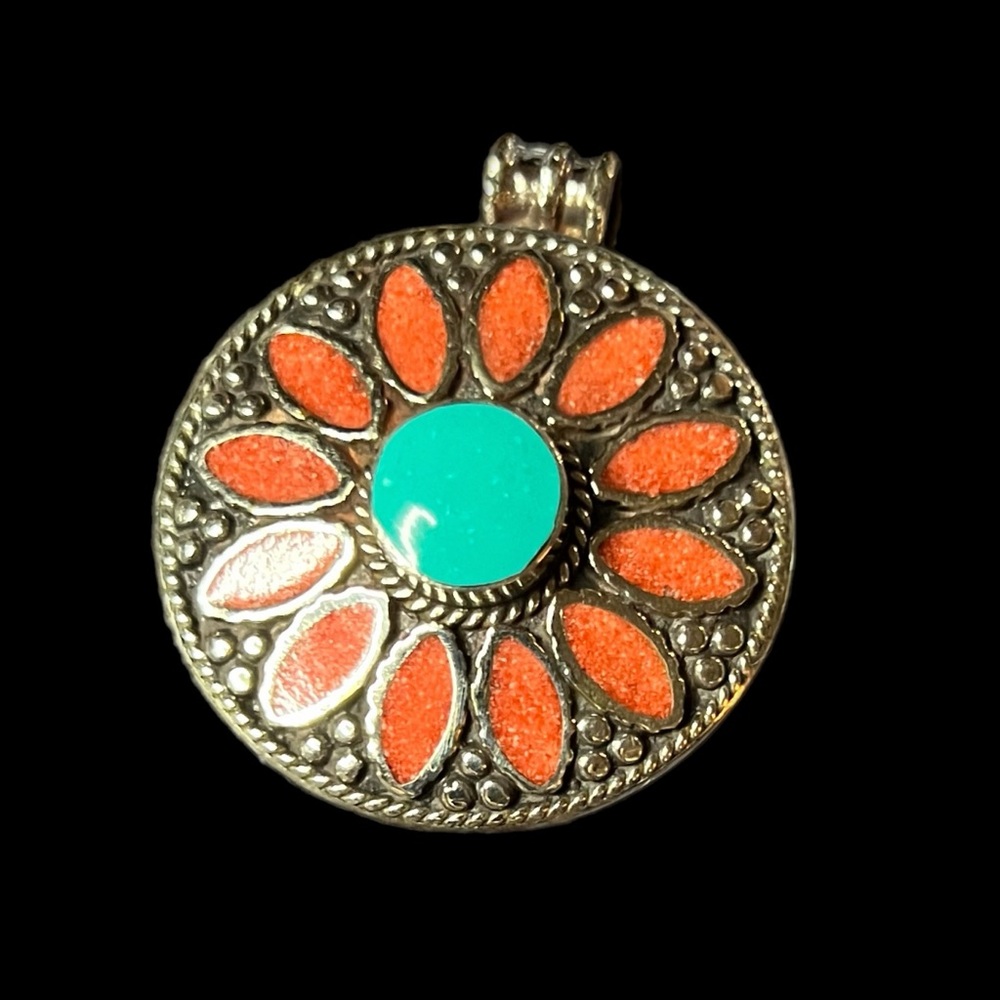 NEW Turquoise and Coral Tibetan Large Pendant Handmade in Nepal
